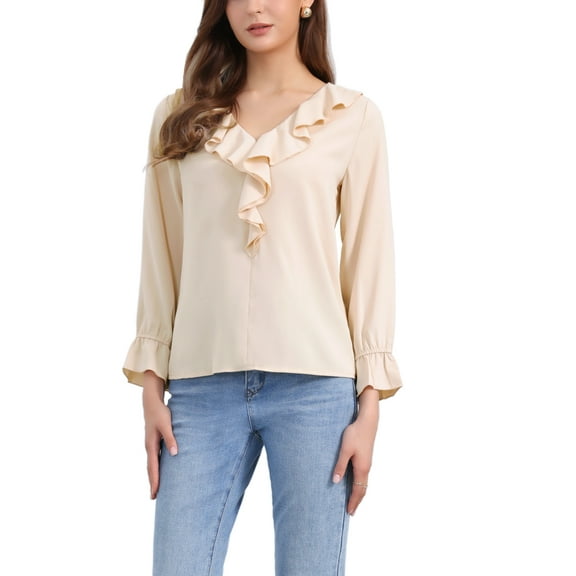 INSPIRE CHIC Women's Ruffle Blouse Wear-to-Work Elegant V Neck Long Sleeve Dressy Top S Light Apricot
