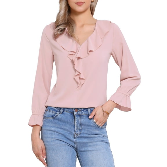 INSPIRE CHIC Women's Ruffle Blouse Wear-to-Work Elegant V Neck Long Sleeve Dressy Top XS Light Pink-1