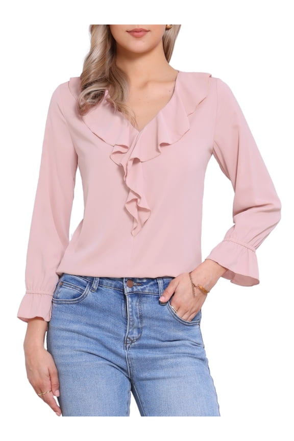 Women's Ruffle Blouse Wear-to-Work Elegant V Neck Long Sleeve Dressy Top XS Light Pink-1
