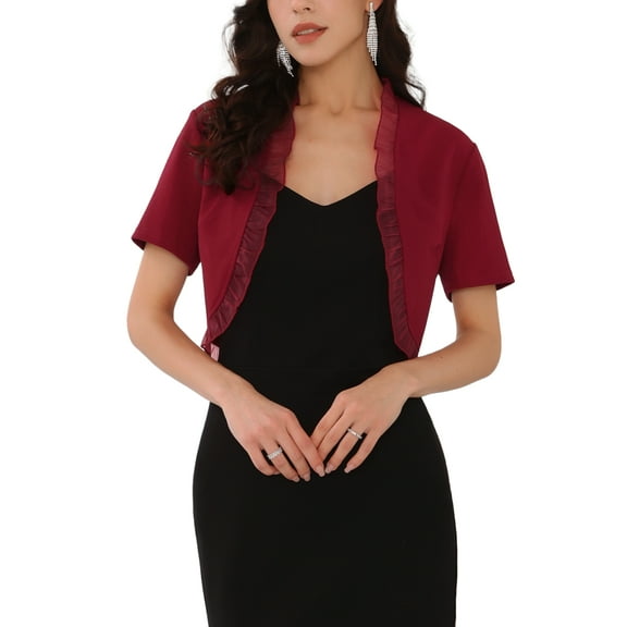 INSPIRE CHIC Women's Ruffle Bolero Shrug Short Sleeve Open Front Formal Cropped Cardigan M Dark Red