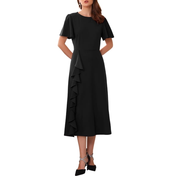 INSPIRE CHIC Women's Ruffle Dress Wedding Guest Crew Neck Short Sleeve Formal Cocktail Midi Dresses 2XL Black