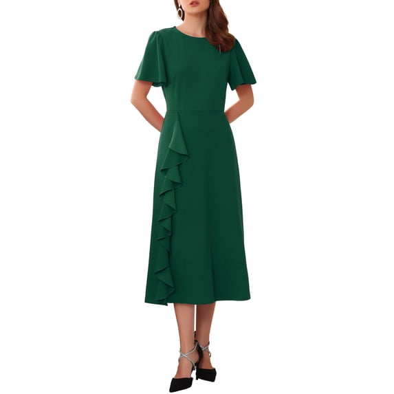 INSPIRE CHIC Women's Ruffle Dress Wedding Guest Crew Neck Short Sleeve Formal Cocktail Midi Dresses 2XL Dark Green