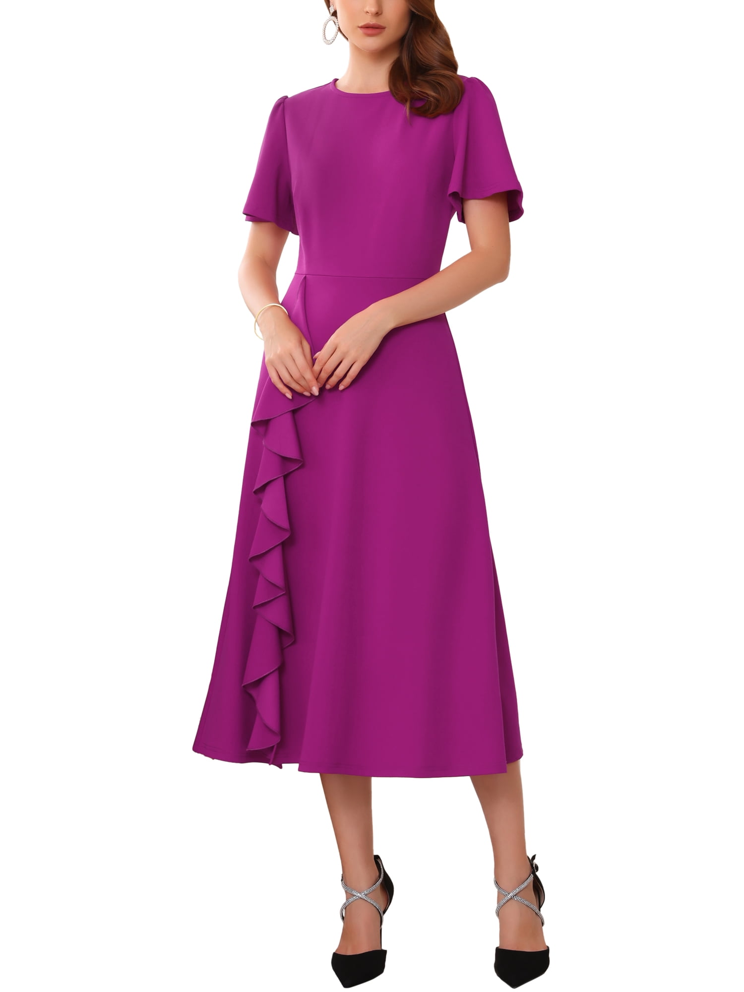 INSPIRE CHIC Women's Ruffle Dress Wedding Guest Crew Neck Short Sleeve INSPIRE CHIC Women's Ruffle Dress Wedding Guest Crew Neck Short Sleeve