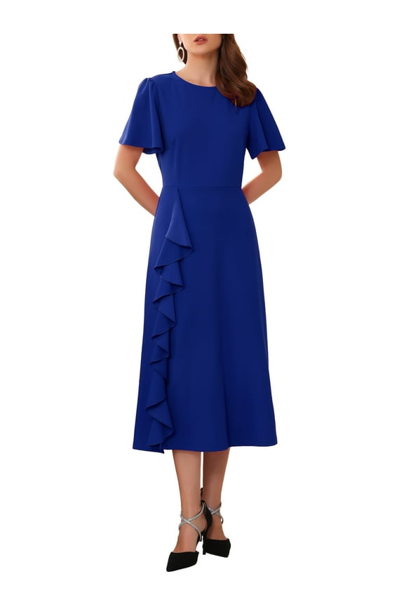Women's Ruffle Dress Wedding Guest Crew Neck Short Sleeve Formal Cocktail Midi Dresses S Royal Blue