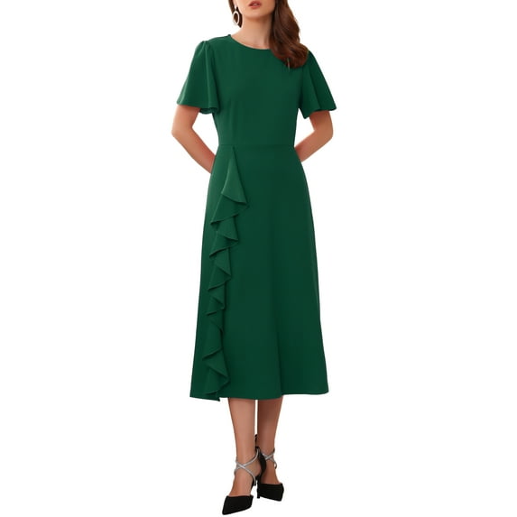 INSPIRE CHIC Women's Ruffle Dress Wedding Guest Crew Neck Short Sleeve Formal Cocktail Midi Dresses XL Dark Green