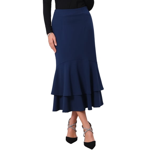 INSPIRE CHIC Women's Ruffle Fishtail Skirt High Waist Bodycon Elegant Cocktail Skirts L Dark Blue