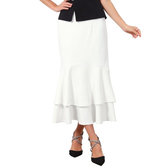 INSPIRE CHIC Women's Ruffle Fishtail Skirt High Waist Bodycon Elegant Cocktail Skirts XL White