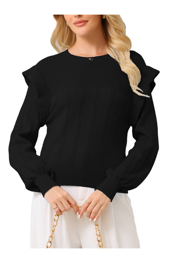 Women's Ruffle Long Sleeve Casual Sweater Crew Neck Fall Ribbed Knit Pullover Tops 2XL Black