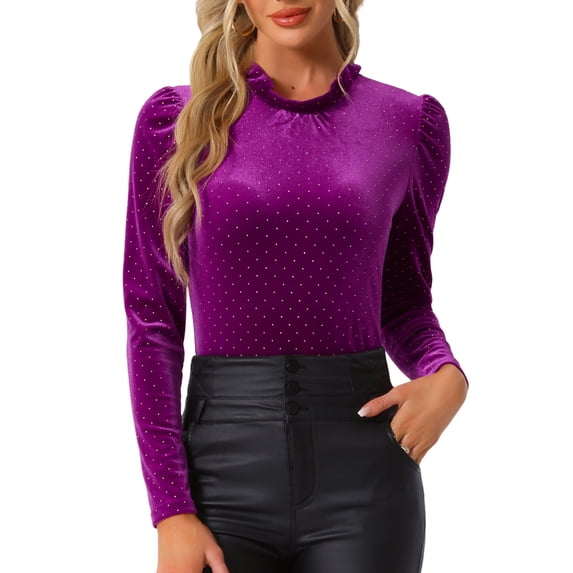 INSPIRE CHIC Women's Ruffle Neck Blouse Puff Long Sleeve Metallic Dots Velvet Top L Purple