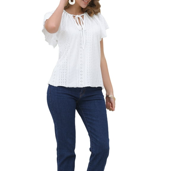 INSPIRE CHIC Women's Ruffle Short Sleeve Blouse Eyelet Drawstring Tie Neck Casual Tops M White