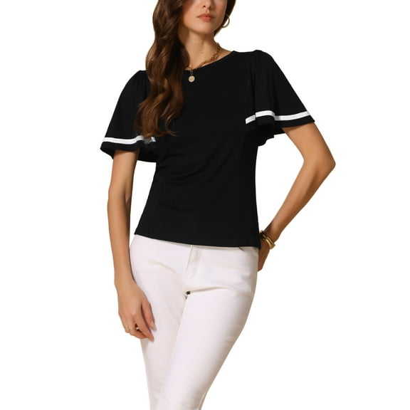 INSPIRE CHIC Women's Ruffle Short Sleeve Round Neck Casual Peplum Blouse XS Black