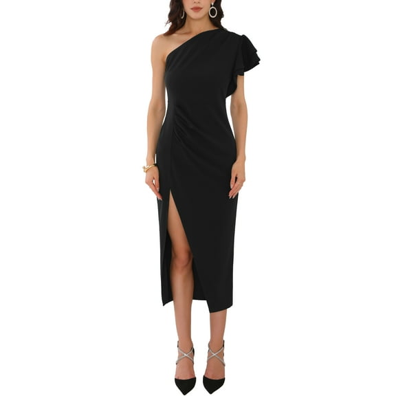 INSPIRE CHIC Women's Ruffle Sleeve Dresses Split Hem One Shoulder Cocktail Midi Dress XL Black