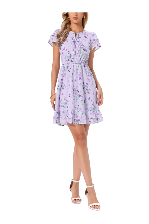 Women's Ruffle Sleeve Self-Tie V Neck Above Knee Ruffled A-Line Floral Chiffon Dress XS Light Purple