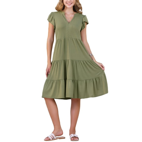 INSPIRE CHIC Women's Ruffle Sleeve V Neck Summer Sundress Tiered Midi Dress 2XL Army Green