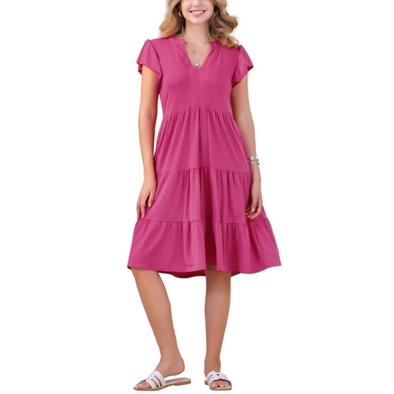 INSPIRE CHIC Women's Ruffle Sleeve V Neck Summer Sundress Tiered Midi Dress 2XL Pink