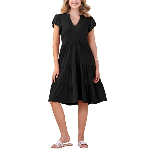 INSPIRE CHIC Women's Ruffle Sleeve V Neck Summer Sundress Tiered Midi Dress S Black