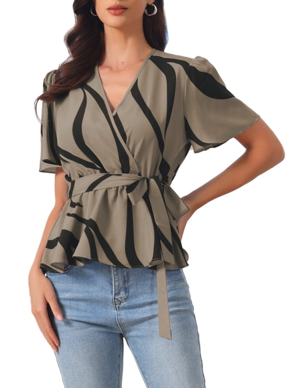 Women's Ruffle Top Wrap V Neck Elastic Waist Belt Elegant Chic Blouse M Dark Khaki