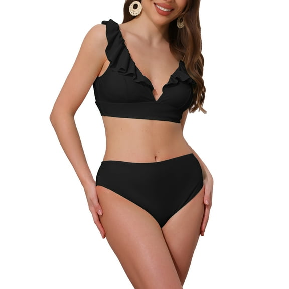 INSPIRE CHIC Women's Ruffle Trim V Neck Wide Strap Leopard Bikini Sets, 2 Piece Drawstring Tie Back Top Triangle Bottom Medium Black