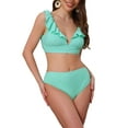 thumbnail image 1 of INSPIRE CHIC Women's Ruffle Trim V Neck Wide Strap Leopard Bikini Sets 2 Piece Drawstring Tie Back Top Triangle Bottom Medium Cyan, 1 of 5