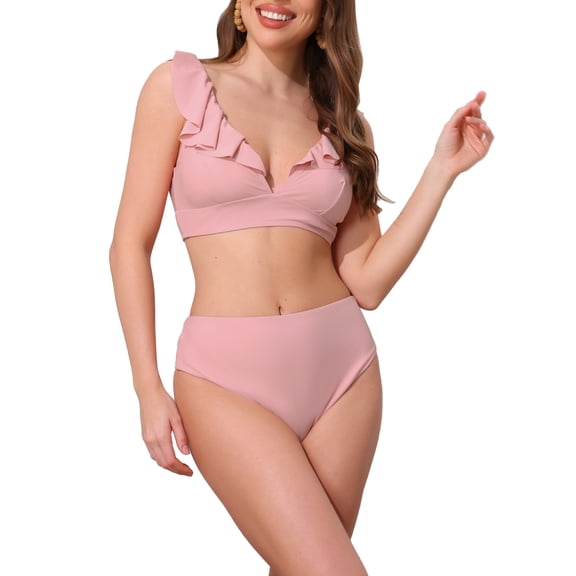 INSPIRE CHIC Women's Ruffle Trim V Neck Wide Strap Leopard Bikini Sets, 2 Piece Drawstring Tie Back Top Triangle Bottom Medium Pink