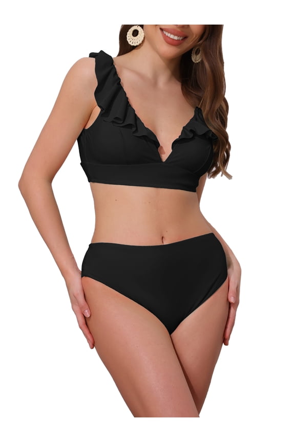 Women's Ruffle Trim V Neck Wide Strap Leopard Bikini Sets 2 Piece Drawstring Tie Back Top Triangle Bottom X-Small Black