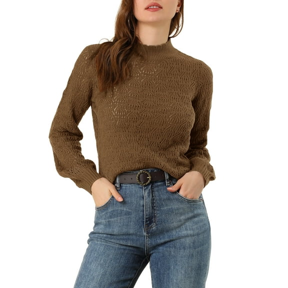 INSPIRE CHIC Women's Ruffled Mock Neck Long Sleeve Knit Pullover Sweater L Khaki