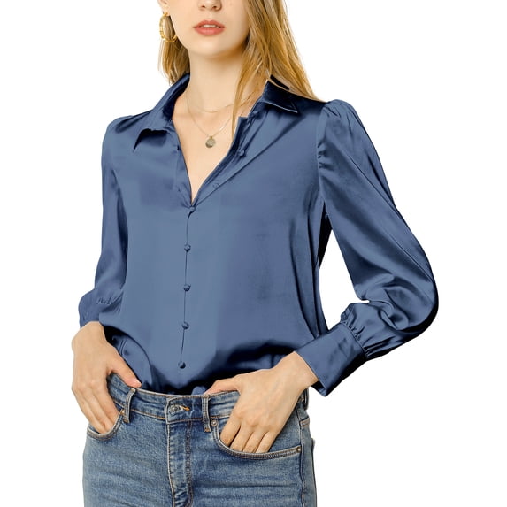 INSPIRE CHIC Women's Satin Blouse Puff Long Sleeve Collared Button Down Shirt Dressy Office Work Tops Business Casual L Blue Grey