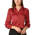 thumbnail image 1 of INSPIRE CHIC Women's Satin Blouse Puff Long Sleeve Collared Button Down Shirt Dressy Office Work Tops Business Casual S Red, 1 of 4