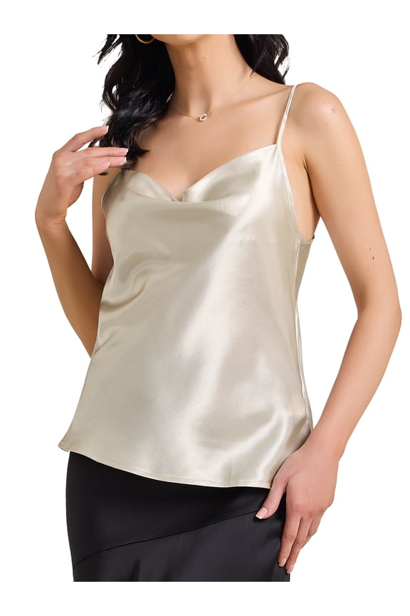 Women's Satin Camisole Cowl Neck Sleeveless Spaghetti Strap Summer Silky Tank Top 2XL Champagne