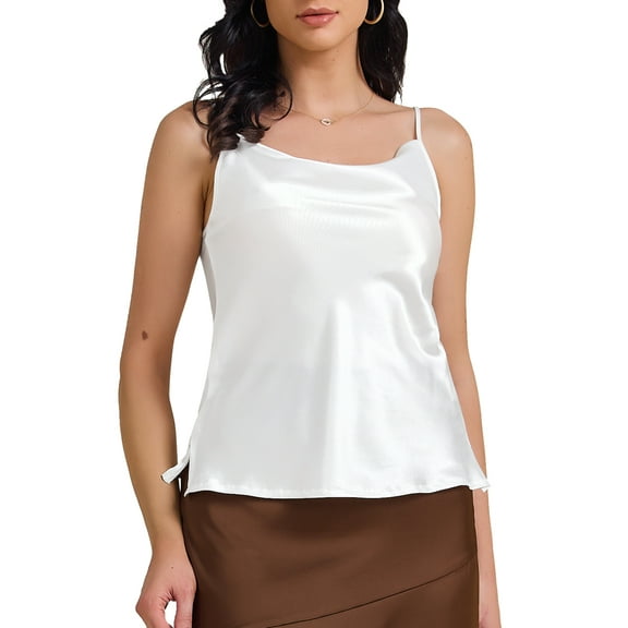 INSPIRE CHIC Women's Satin Camisole Cowl Neck Sleeveless Spaghetti Strap Summer Silky Tank Top 2XL White