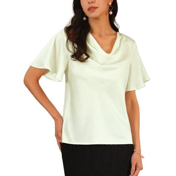 INSPIRE CHIC Women's Satin Cowl Neck Top Draped Short Sleeve Semi Formal Blouse Shirts S White