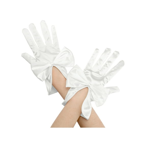 INSPIRE CHIC Women's Satin Gloves Elegant Wrist Length Full-Finger Glove with Bow Decor One Size White