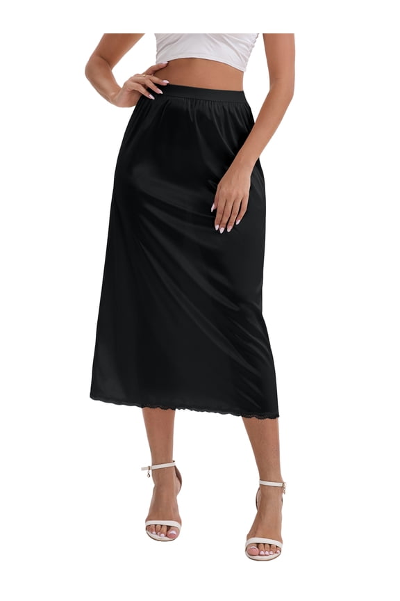 Women's Satin Lace Trim Flared Hem Half Slip Relaxed Fit Lightweight Solid Maxi Petticoat S Black