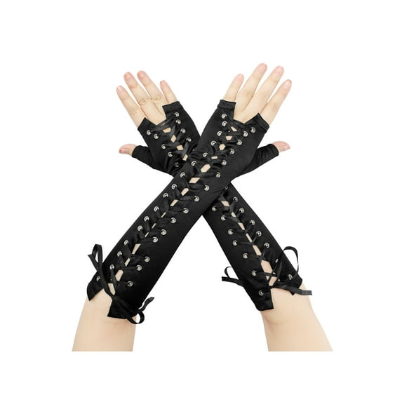 INSPIRE CHIC Women's Satin Lace Up Fingerless Gloves Solid Color Punk Arm Warmers One Size Black and Black Ribbon