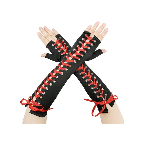 INSPIRE CHIC Women's Satin Lace Up Fingerless Gloves Solid Color Punk Arm Warmers One Size Black and Red Ribbon