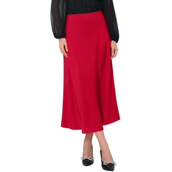 INSPIRE CHIC Women's Satin Maxi Skirt High Waist Formal A-Lined Evening Cocktail Mermaid Skirts 2XL Dark Red