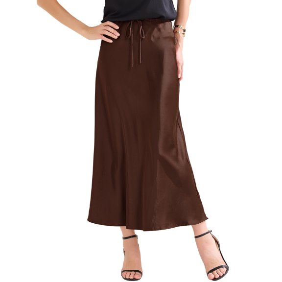 INSPIRE CHIC Women's Satin Maxi Summer Fall High Waist Drawstring Flared Cocktail Wedding Long Skirt M Deep Brown