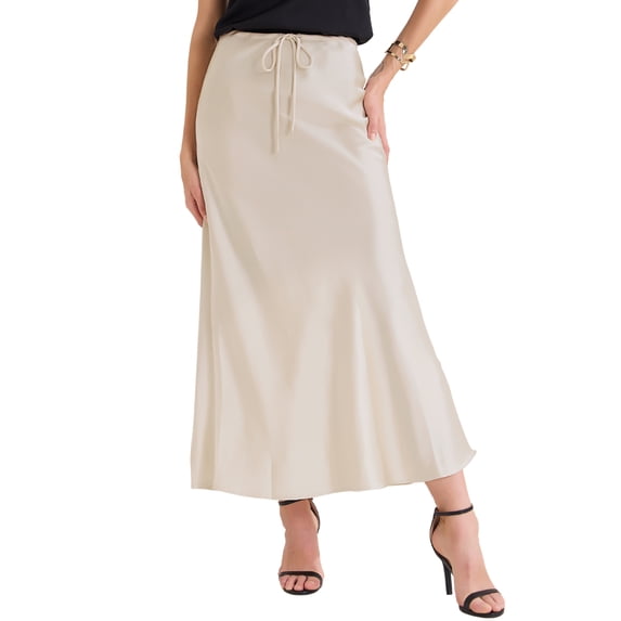 INSPIRE CHIC Women's Satin Maxi Summer Fall High Waist Drawstring Flared Cocktail Wedding Long Skirt XL Champagne