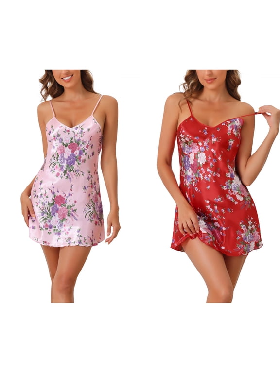 Women's 2 Pack Satin Chemise Nightgowns Floral Print Mini Sleep Dress with Adjustable Straps Silky Lingerie Set X-Small Pink/Red