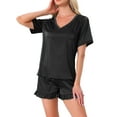 thumbnail image 1 of INSPIRE CHIC Women's Satin Pajama Set Short Sleeve Shirts with Ruffle Shorts Loungewear M Black, 1 of 6
