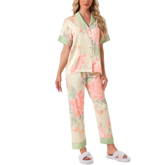 INSPIRE CHIC Women's Satin Pajama Set Silk Floral Short Sleeves Top and Pants 2 Pcs Pajamas S Pink