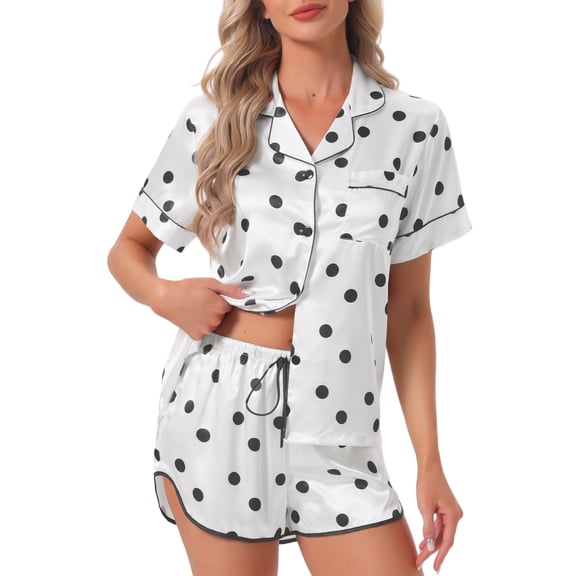 INSPIRE CHIC Women's Satin Pajama Sets Nightwear Sleepwear Tops with Shorts Lounge Sets XS White-Dots
