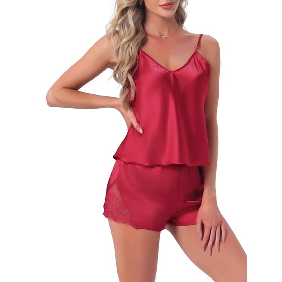 INSPIRE CHIC Women's Satin Pajamas Silky Soft V-Neck Lace Trim Lingerie Camisole Tops with Shorts Loungewear Set 2XL Red