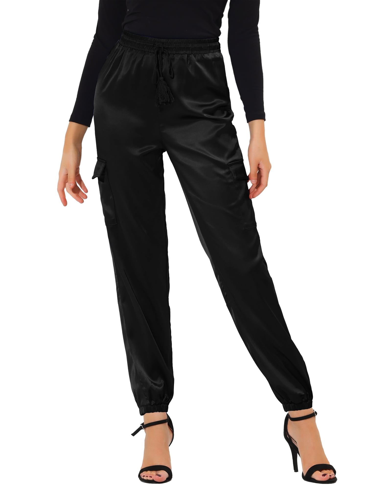 Women's Satin Pants Tie Elastic High Waist Satin Cargo Joggers for Casual and Formal Occasions M Black