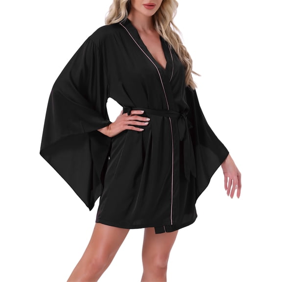 INSPIRE CHIC Women's Satin Robe Bride Bridesmaids Bridal Party Batwing Sleeve Wedding Loungewear Silky Short Bathrobes ONE-SIZE Black