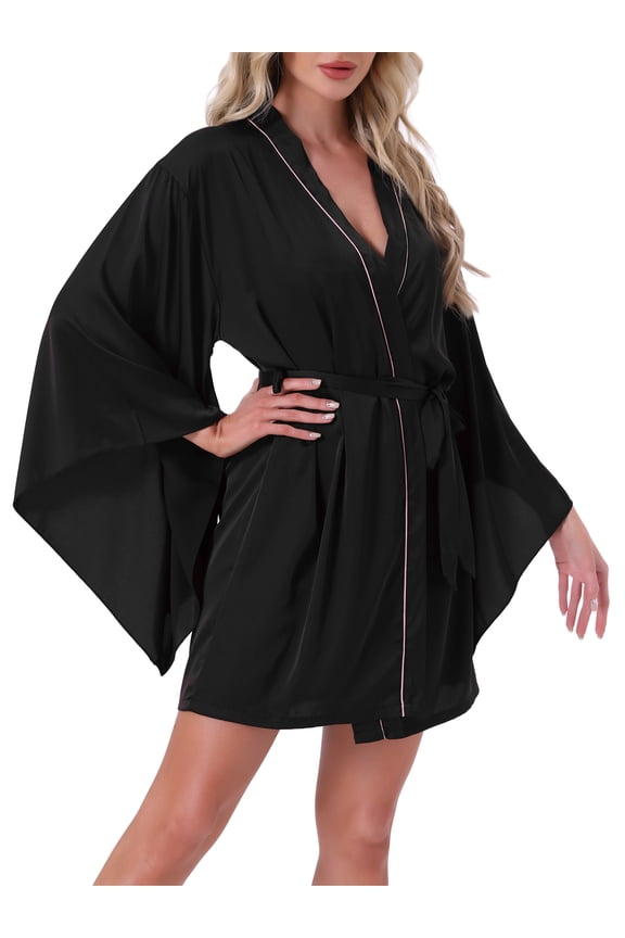Women's Satin Robe Bride Bridesmaids Bridal Party Batwing Sleeve Wedding Loungewear Silky Short Bathrobes ONE-SIZE Black