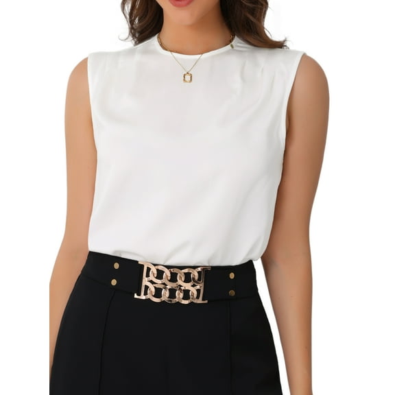 INSPIRE CHIC Women's Satin Round Neck Cap Sleeve Basic Pleated Tank Tops XS White