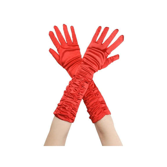 INSPIRE CHIC Women's Satin Shiny Opera Length Gloves Pleated Full Finger Long Evening Glove One Size Red