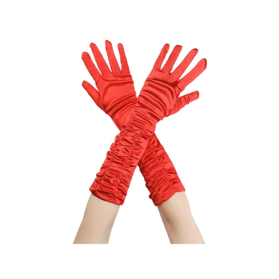 INSPIRE CHIC Women's Satin Shiny Opera Length Gloves Pleated Full Finger Long Evening Glove One Size Red