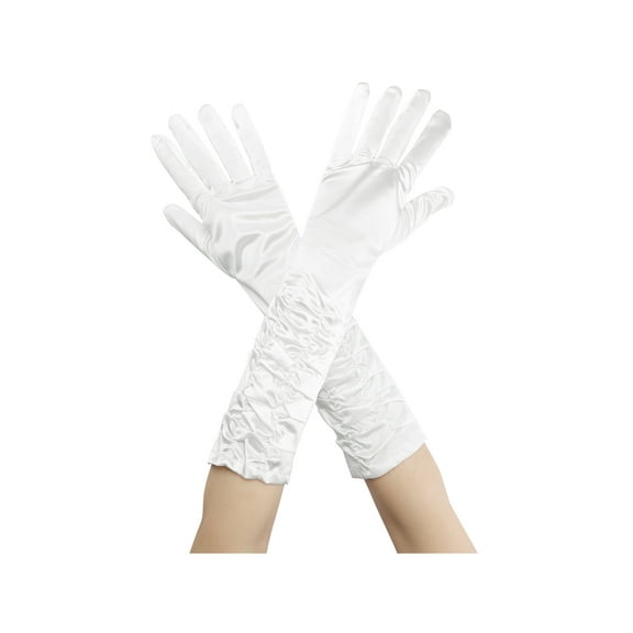 INSPIRE CHIC Women's Satin Shiny Opera Length Gloves Pleated Full Finger Long Evening Glove One Size White